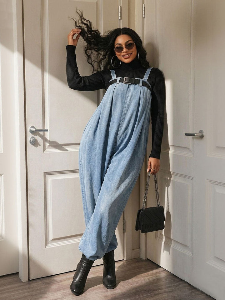 Salopette à taille élastique, avec ceinture, à jambes larges, sans manches, à fines bretelles, couleur unie