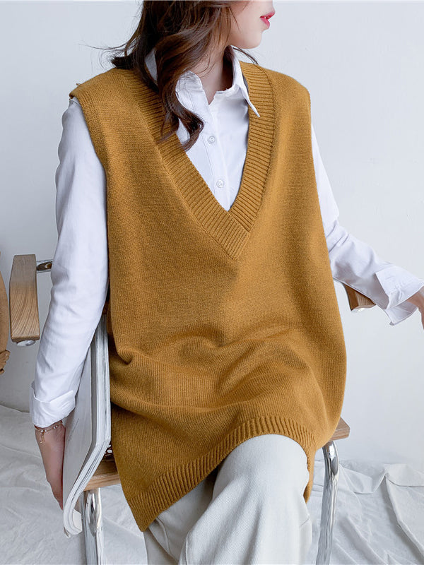 Gilet tricoté sans manches à la mode, fendu sur le côté, couleur unie, col en V