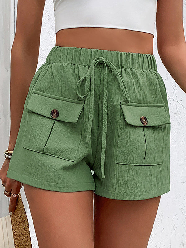 Short ample boutonné taille haute, à cordon de serrage, à taille élastique, à poches, couleur unie