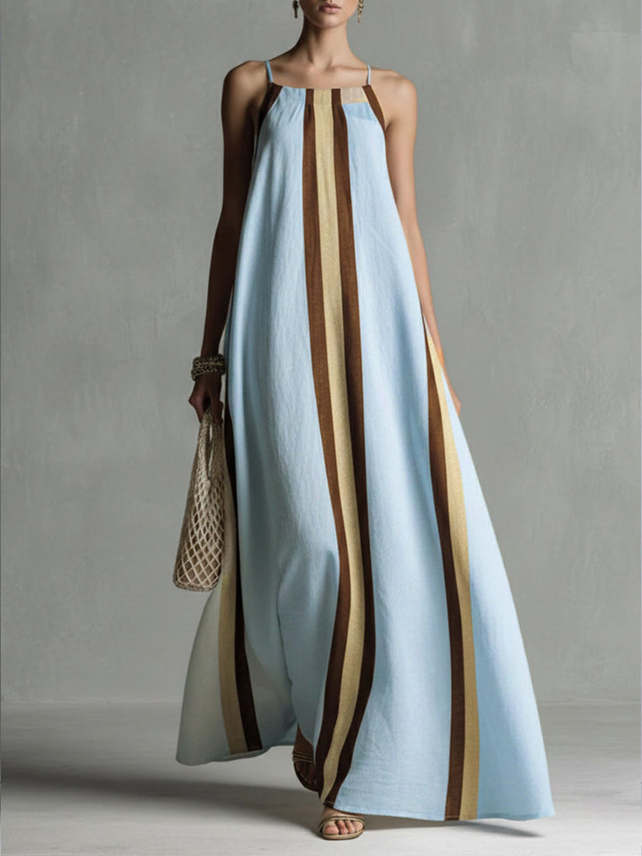 Robe longue ample plissée coupe trapèze, à fines bretelles, couleur contrastée