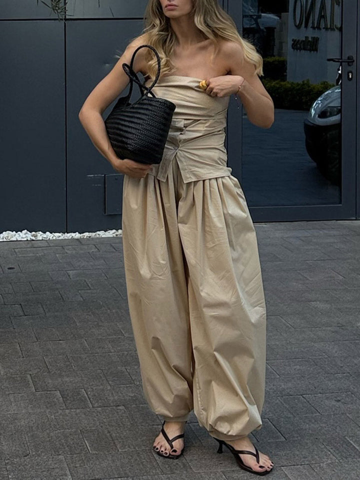 Pantalon resserré aux chevilles plissé à taille élastique, taille haute, à cordon de serrage, couleur unie