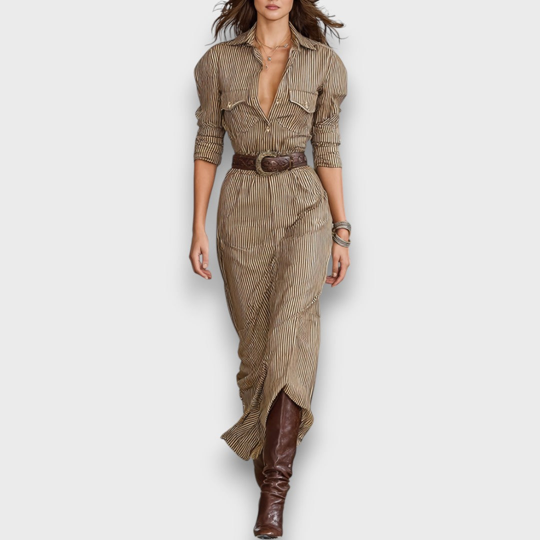 Marlene – Robe maxi rayée avec col