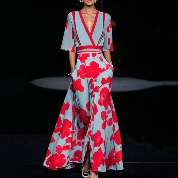Sabrina - Robe maxi florale avec décolleté en V et manches amples