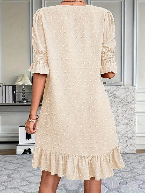 Robe courte plissée coupe trapèze, à manches évasées, à taille élastique, en jacquard, à empiècements, à col en V, couleur unie