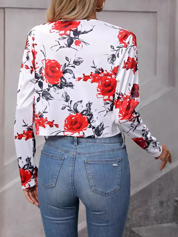 Blazer ample boutonné à manches longues, à imprimé floral, à empiècements, à col rond