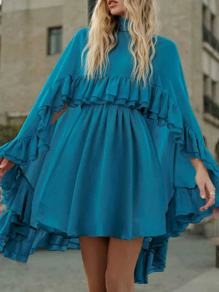 Robe courte ensemble deux pièces plissée volantée nouée taille haute, sans manches, à empiècements, à col cheminée, couleur unie