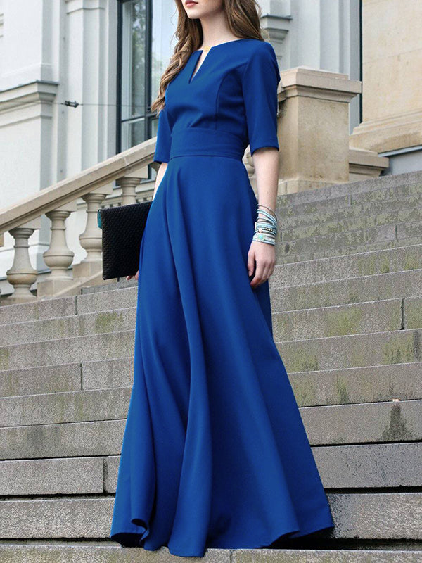 Robe longue à manches mi-longues, taille haute, à taille nouée, à col en V, couleur unie