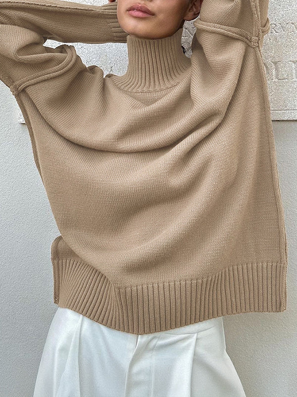 Pull ample à manches longues, à empiècements, à col haut, couleur unie