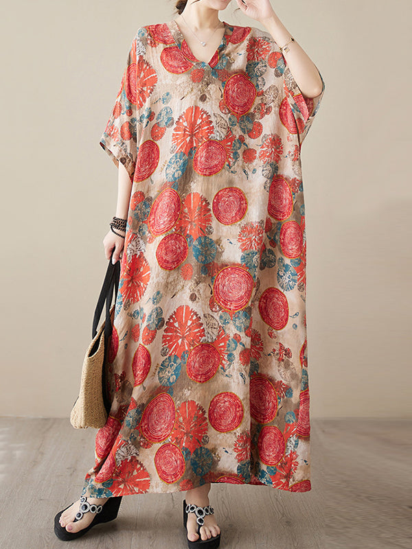 Robe longue ample imprimée à manches courtes, à col en V