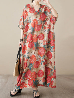 Robe longue ample imprimée à manches courtes, à col en V