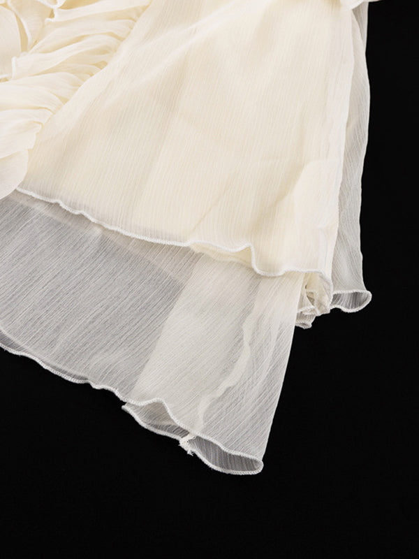 Robe courte nouée coupe trapèze, taille haute, à bordure volantée, à col en V, couleur unie