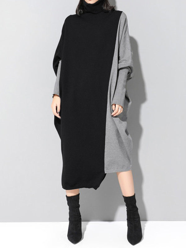 Robe décontractée ample à empiècements, à col haut, à manches longues, couleur contrastée