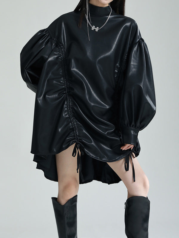 Robe courte plissée à ourlet plongeant, à manches longues, à cordon de serrage, à col montant, couleur unie