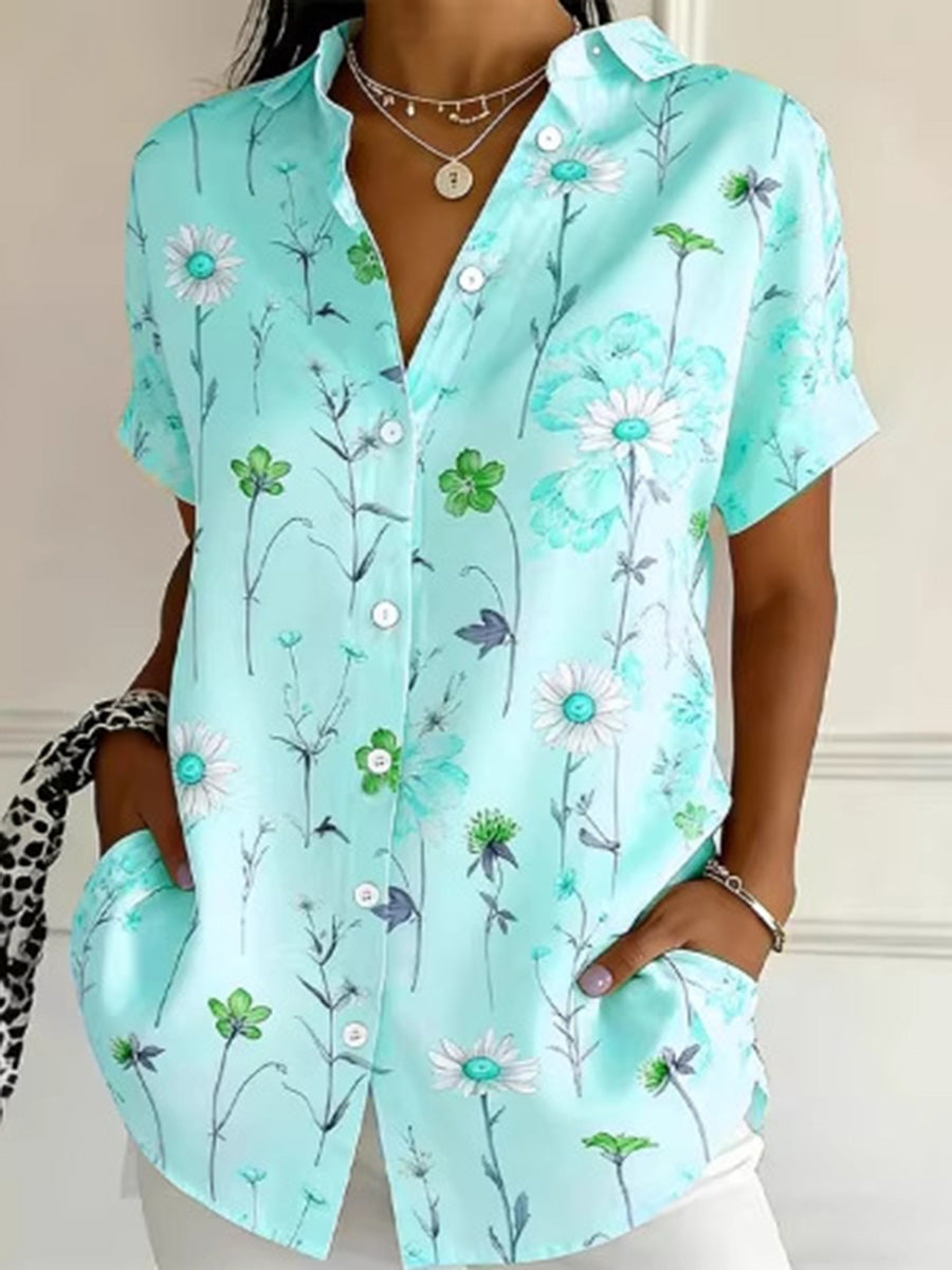 Chemisier ample boutonné grande taille, à imprimé floral, à col revers, couleur contrastée