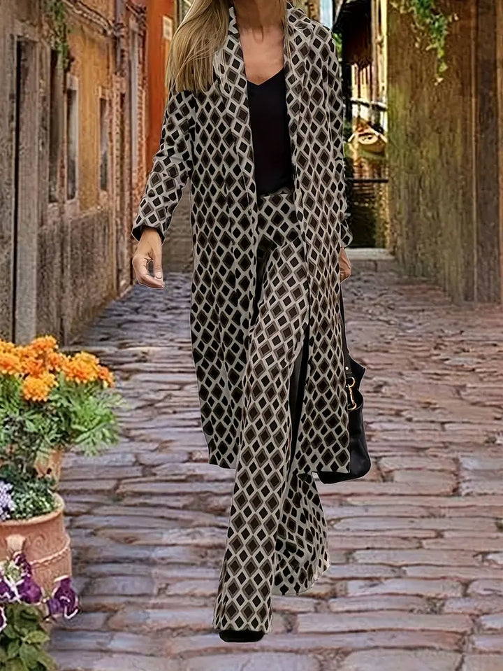 Ensemble Urban Chic composé d'un long manteau et d'un palazzo avec un imprimé géométrique pour femmes