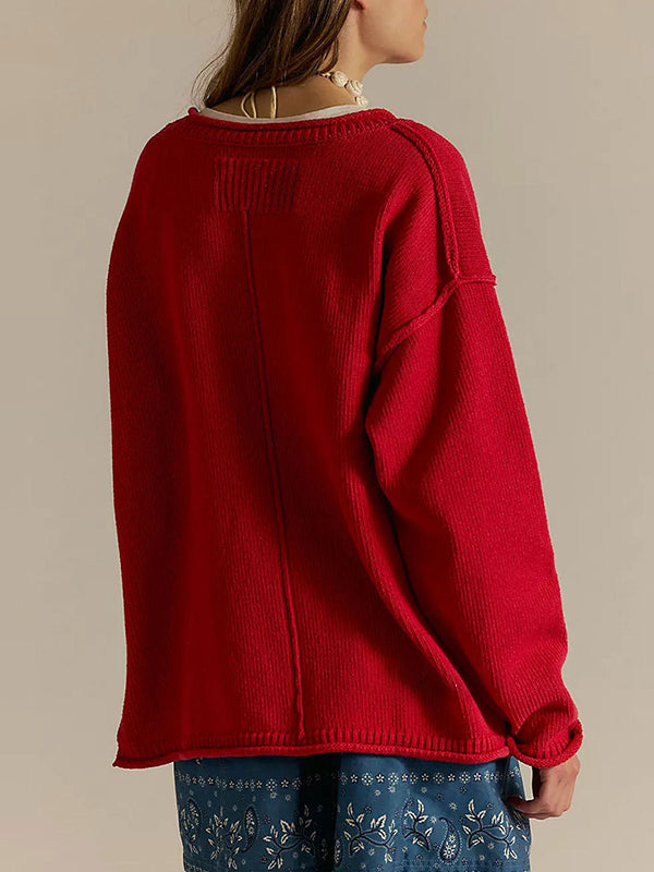 Pull ample à manches longues, à empiècements, à col rond, couleur unie