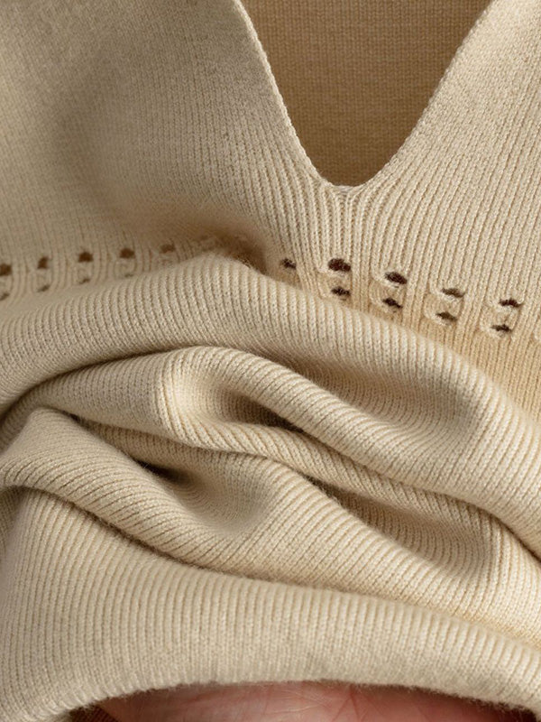 Ensemble deux pièces ample ajouré à manches bouffantes, à taille élastique, couleur unie – pull + jupe