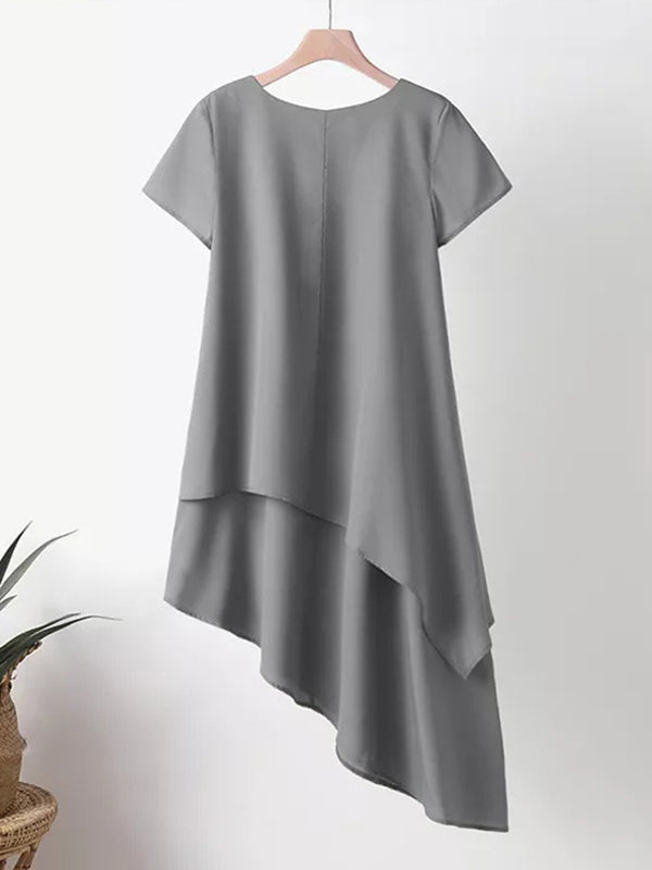 Robe mi-longue asymétrique grande taille, à manches courtes, à empiècements, à col rond, couleur unie