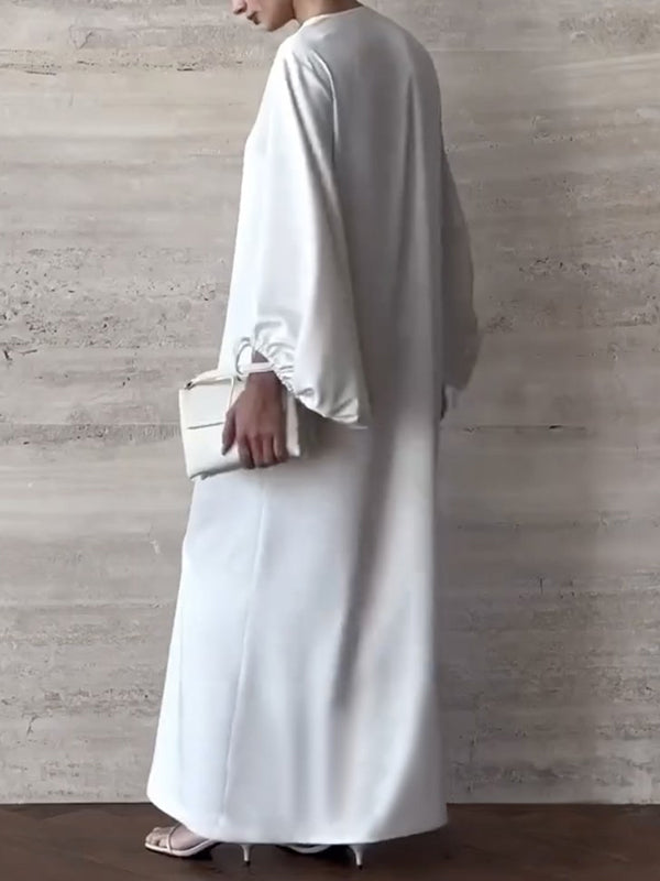 Robe chemise ample à manches bouffantes, à cordon de serrage, à empiècements, à col en V, couleur unie