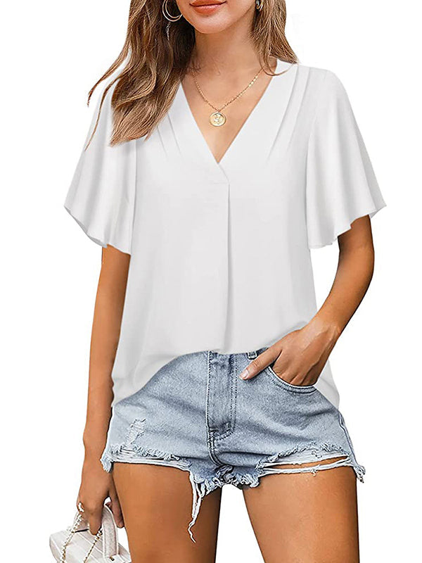 T-shirt en mousseline de soie de couleur unie urbaine ample Volants