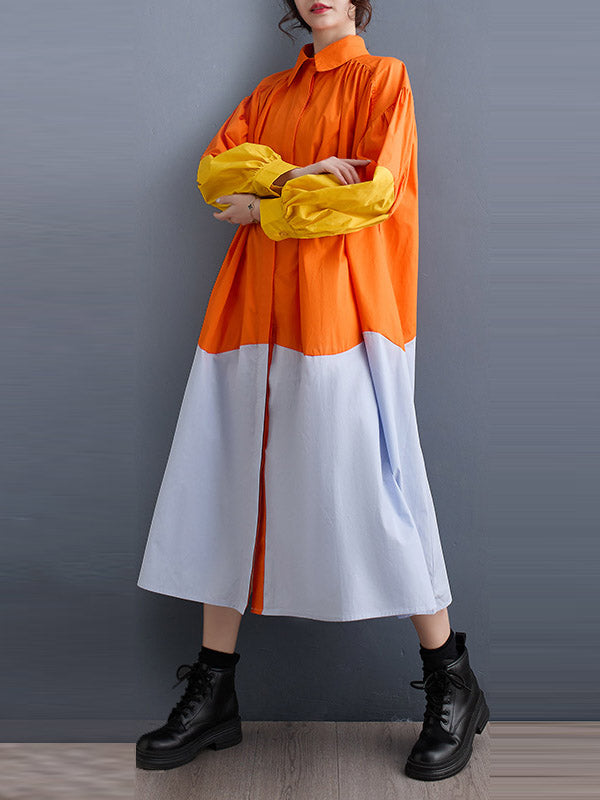 Robe chemise ample plissée à manches bouffantes, à empiècements, à col revers, couleur contrastée