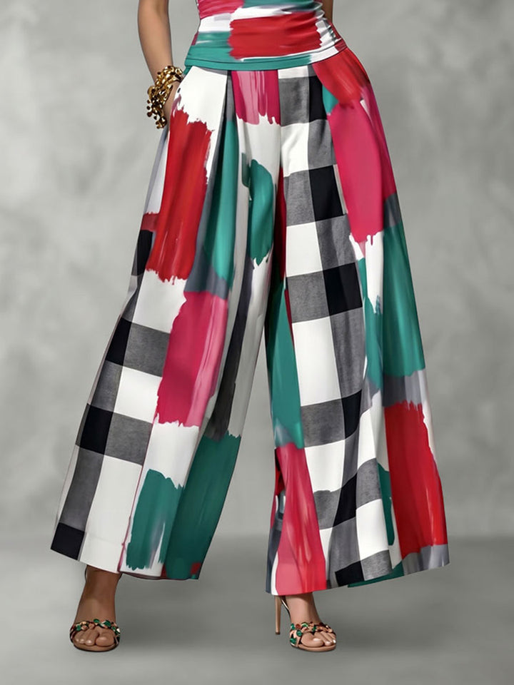 Pantalon plissé taille haute, à jambes larges, à carreaux, à poches, à empiècements, couleur contrastée