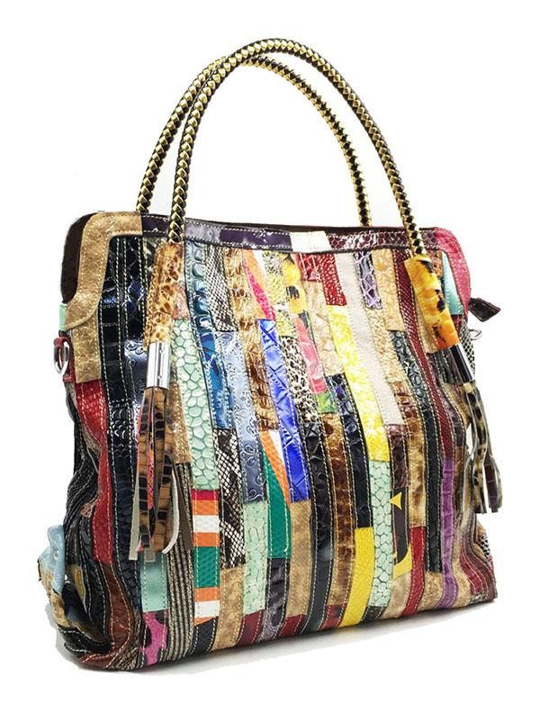Sac en cuir à bandoulière rayé à empiècements