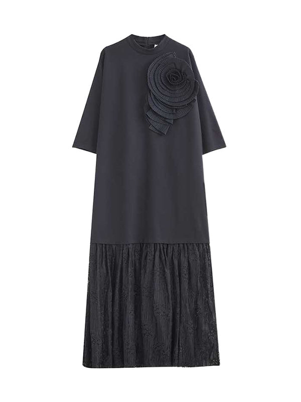 Robe longue ample à manches longues, à empiècements, à fleurs en 3D, à col cheminée, couleur unie