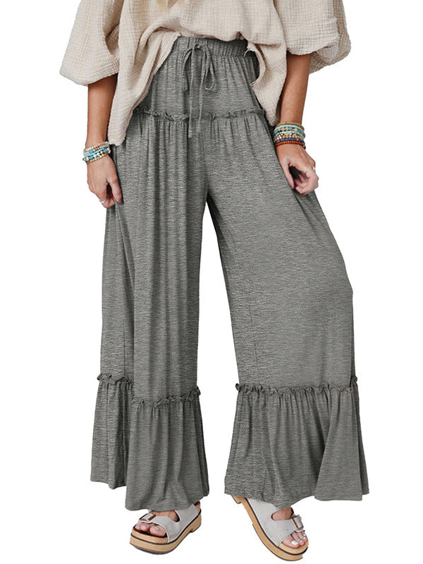 Pantalon ample plissé taille haute, couleur unie