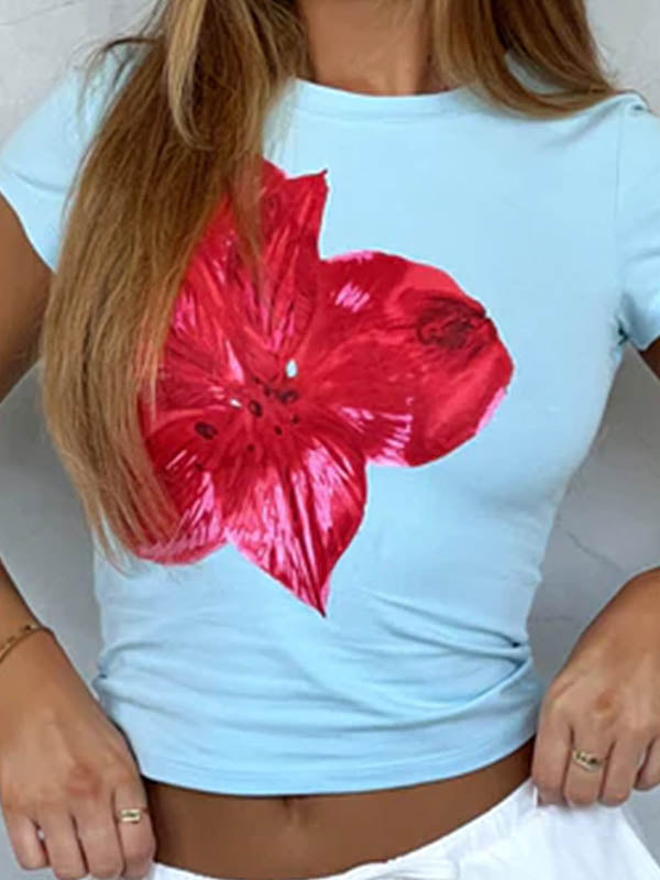 T-shirt à manches courtes, coupe près du corps, à imprimé floral, à col rond