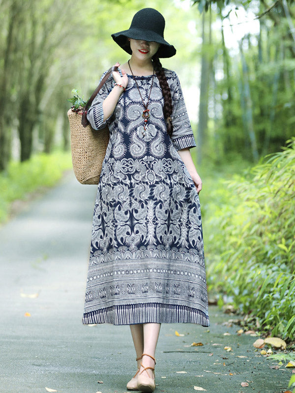 Robes mi-longues imprimées en mélange de coton vintage