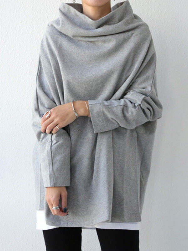 T-shirt urbain noir gris à col haut, à manches longues, oversize