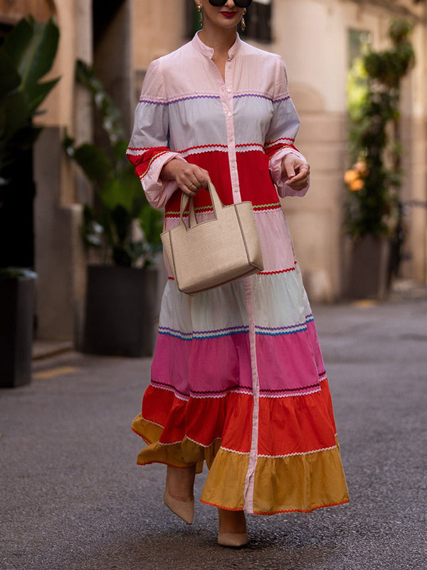 Robe chemise à manches bouffantes, à empiècements, à col rond, couleur contrastée