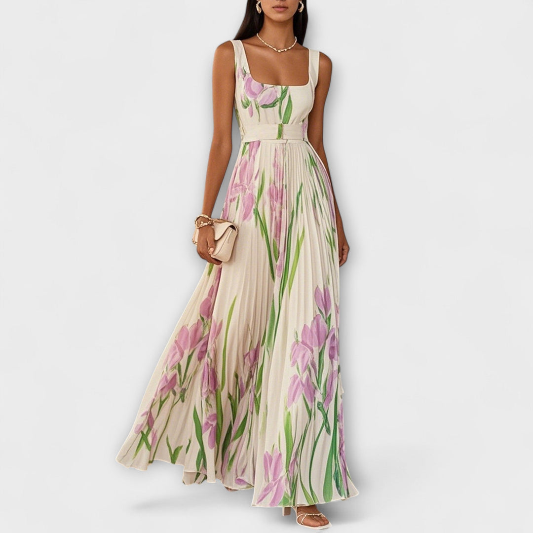Robe maxi plissée en chiffon avec motif floral