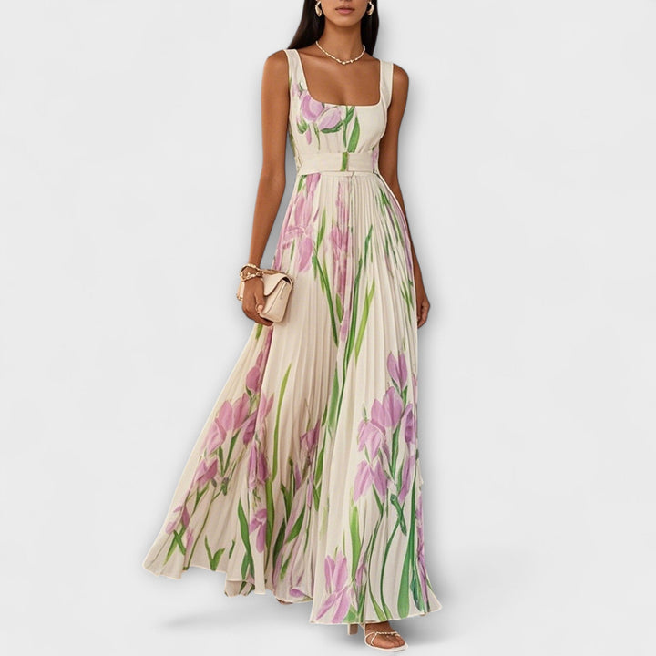 Robe maxi plissée en chiffon avec motif floral