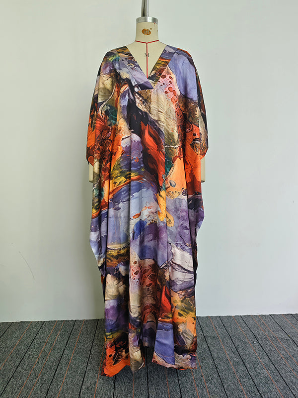 Robe longue ample imprimée à manches chauve-souris, en gaze, à empiècements, à col en V