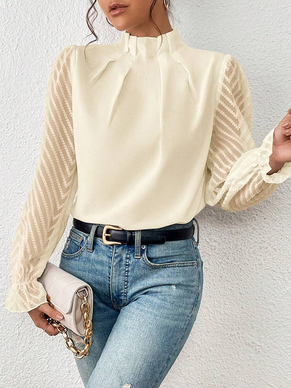Chemisier ample plissé à manches longues, à taille élastique, en résille, à col cheminée, couleur unie