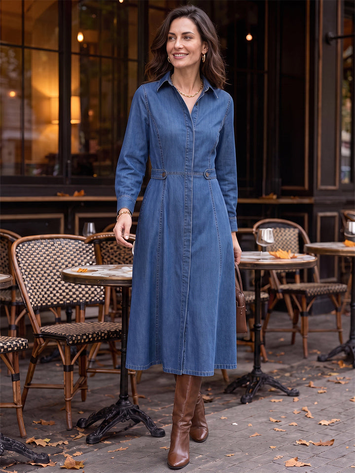 Robe mi-longue boutonnée à empiècements, à poches, à manches longues, taille haute, à col revers, couleur unie