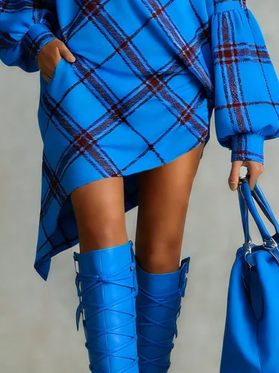Robe courte asymétrique plissée à manches longues, à manches bouffantes, à carreaux, asymétrique à une épaule, couleur contrastée