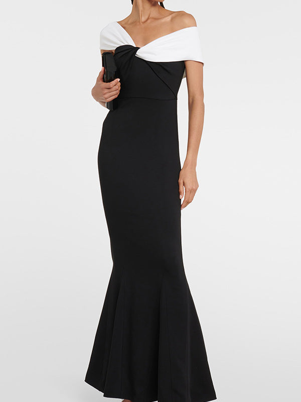 Robe de soirée longue à manches courtes, coupe près du corps, à empiècements, asymétrique à une épaule, couleur contrastée