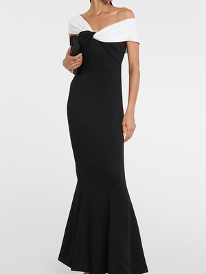 Robe de soirée longue à manches courtes, coupe près du corps, à empiècements, asymétrique à une épaule, couleur contrastée
