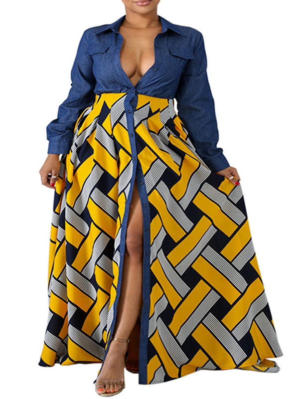 Robe longue ample boutonnée imprimée à manches longues, à taille élastique, à empiècements, à col revers
