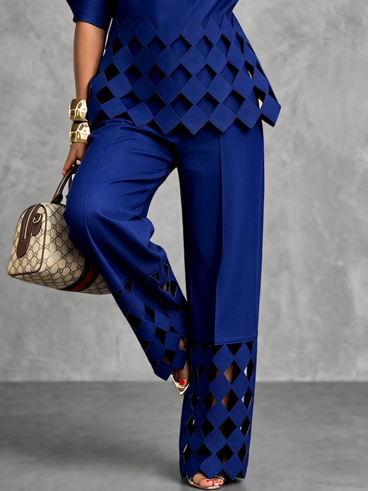 Pantalon ajouré ample à poches, à jambes larges, couleur unie