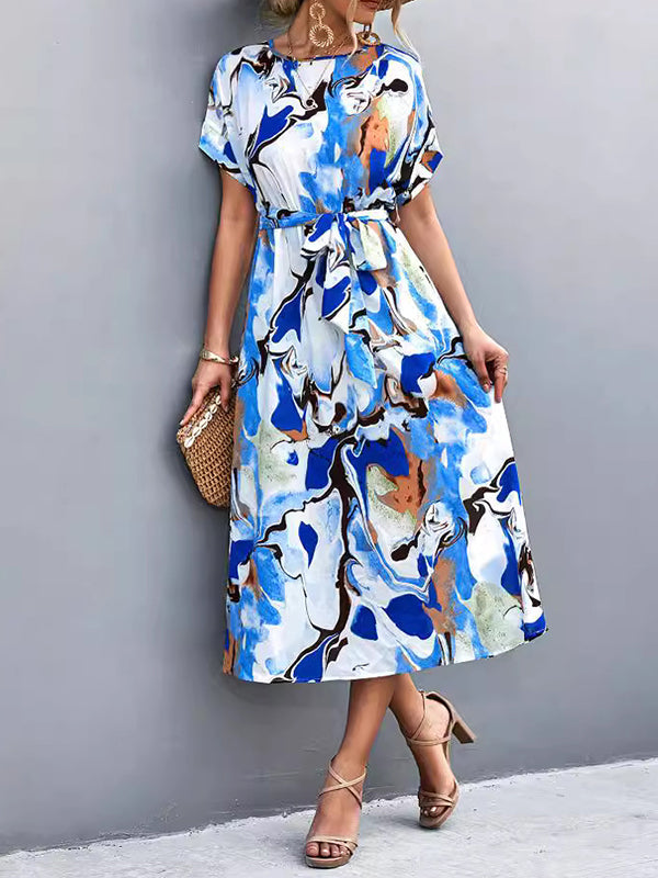 Robe mi-longue ample ajourée imprimée coupe trapèze, à taille nouée, à col rond