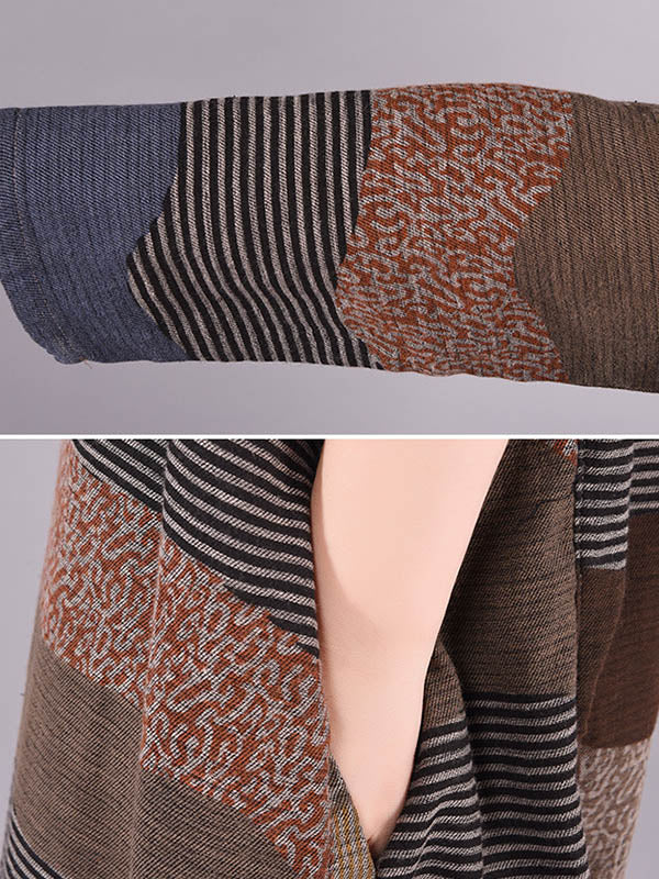 Robe mi-longue artistique ample rayée multicolore rétro, en coton et ramie, à col rond, à manches longues