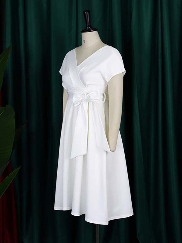 Robe mi-longue à nœud, à lacets, à col en V, couleur unie