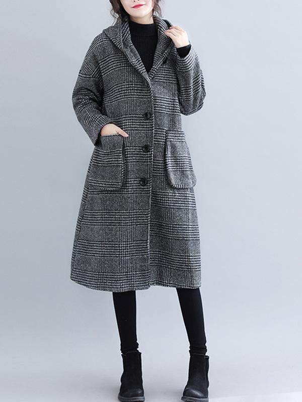 Manteau ample à capuche en laine à carreaux