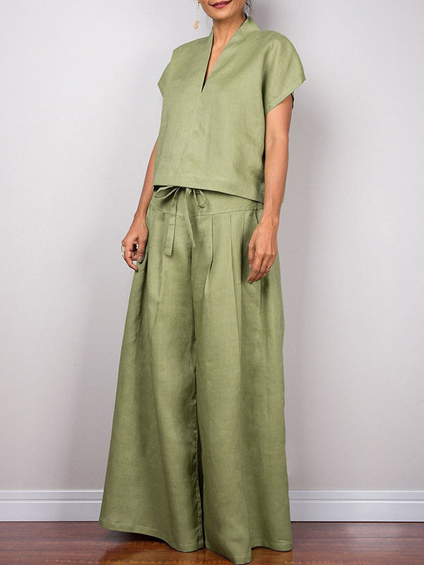 Pantalon ample plissé taille haute, à cordon de serrage, à empiècements, couleur unie
