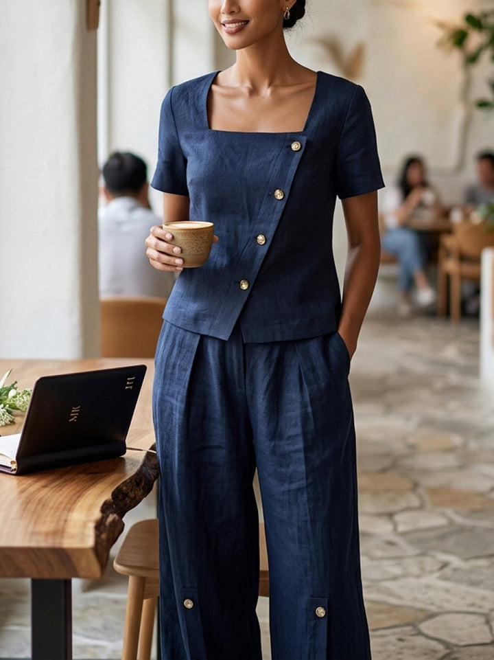 Pantalon ample boutonné à jambes larges, à poches, couleur unie