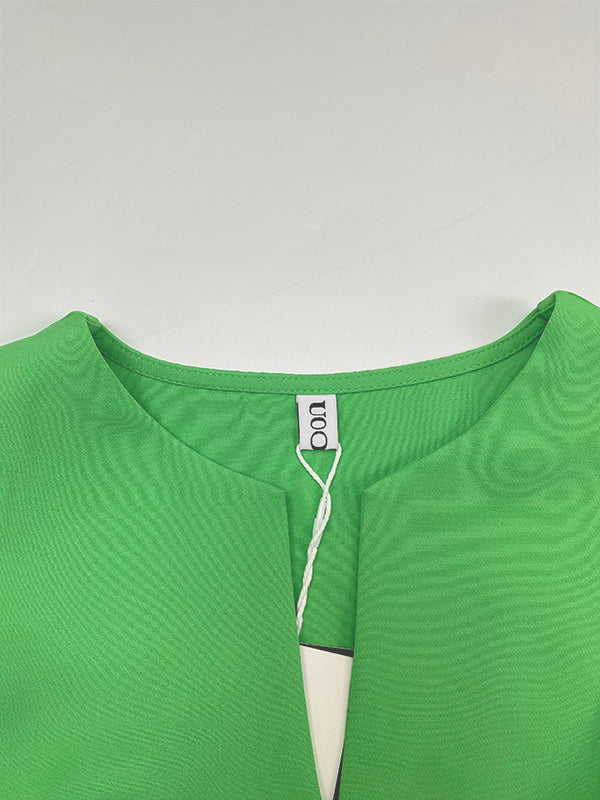 Robe longue à manches mi-longues, taille haute, à taille nouée, à col en V, couleur unie